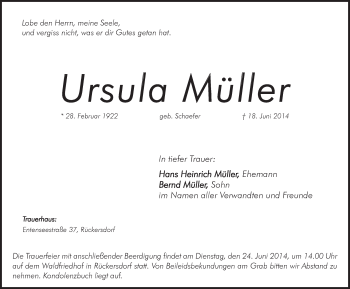 Traueranzeige von Ursula Müller von Pegnitz-Zeitung